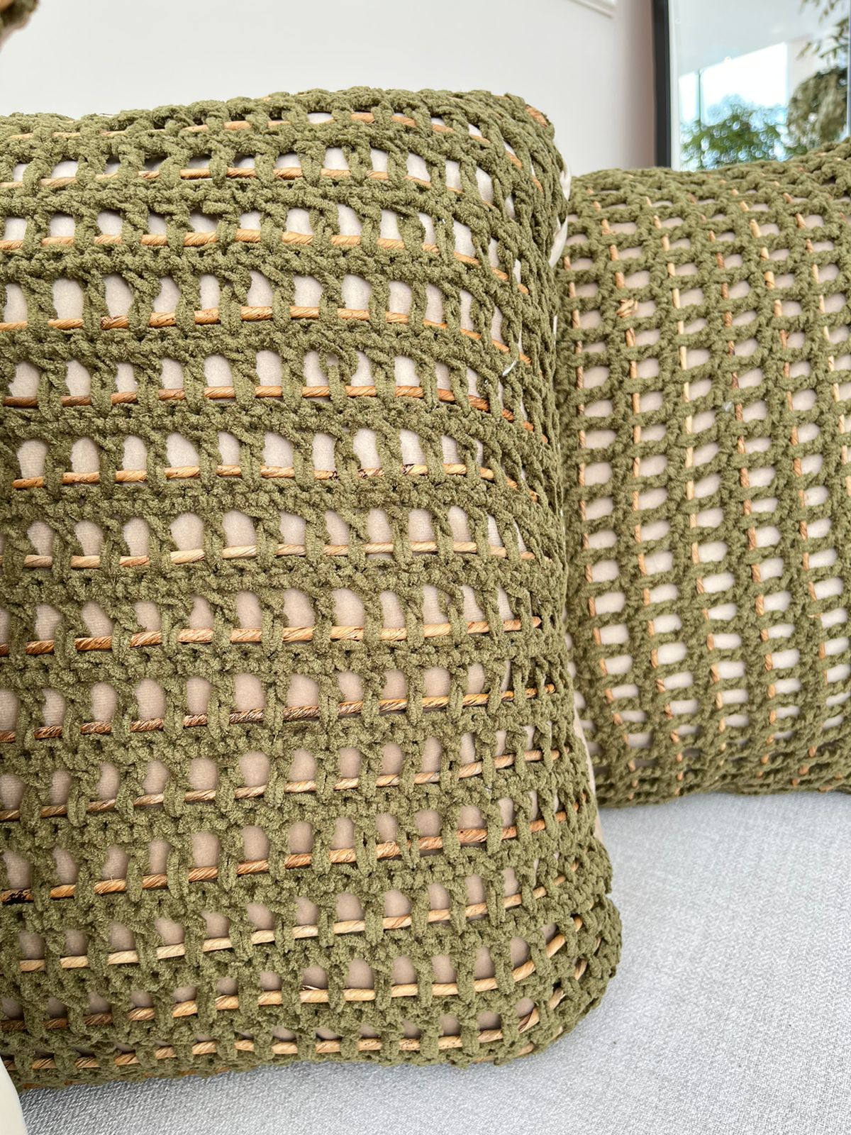 Conjunto com 3 almofadas croche manual verde 